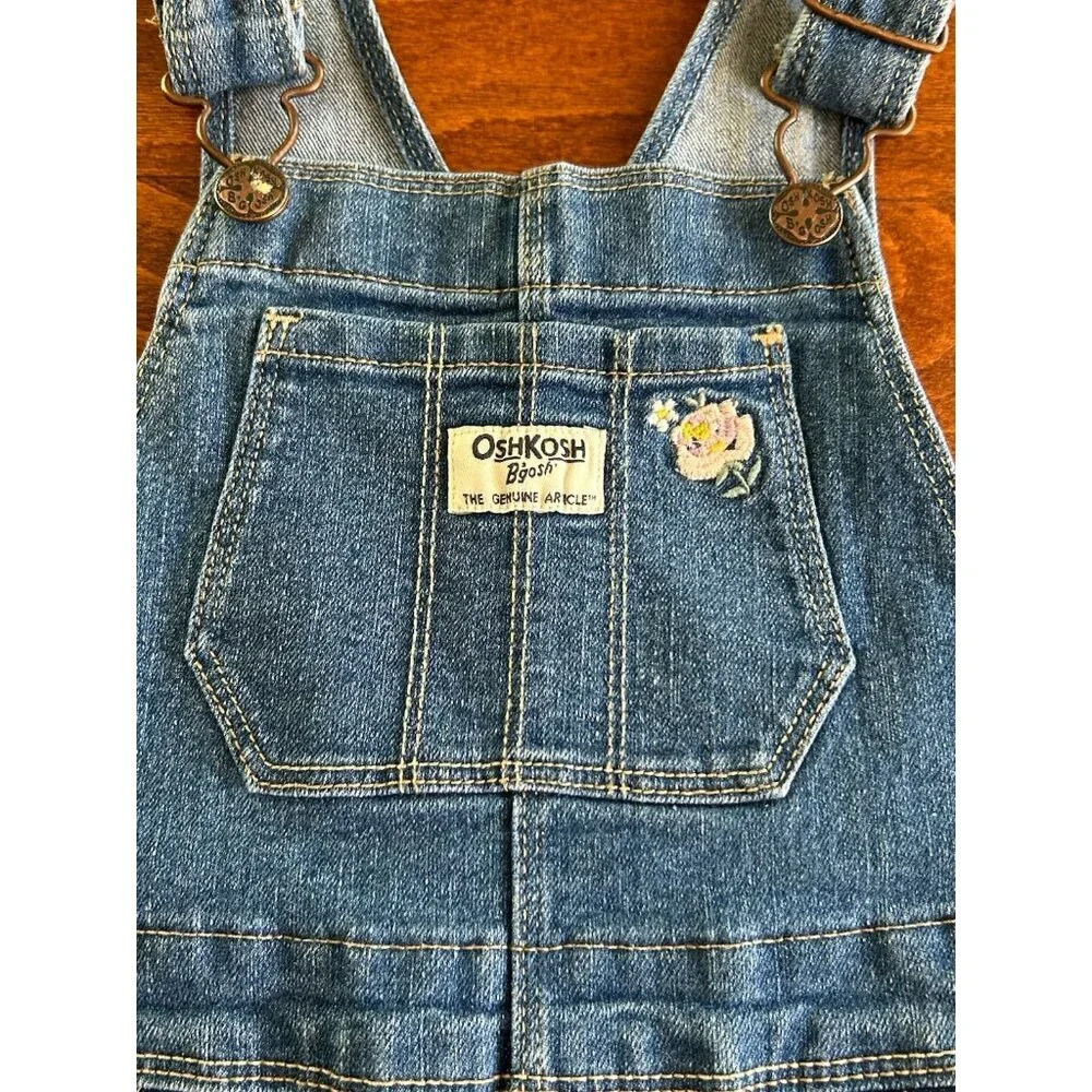Oshkosh B'gosh Overalls 4T Toddlers Blue Denim Adjustable Floral Embroidery‎